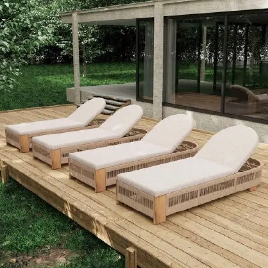 Set of 4 Outdoor Acacia Wood Chaise Lounge with Adjustable Backrest, Rope Accent Pool Lounge Chair, Waterproof Cushion Garden Lounger-Coolbibila image {8}