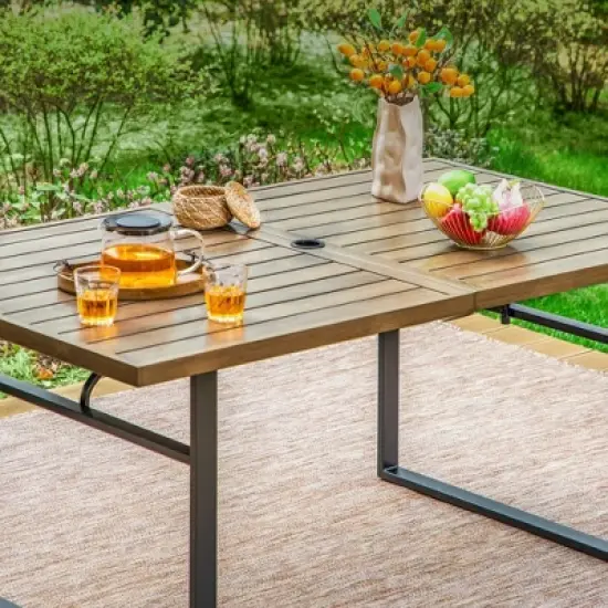 Captiva Designs 7pc Patio Dining Set Wood-look Rectangle Table & Cushioned Metal Chairs image {2}