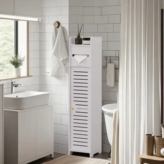 VECELO Bathroom Corner Shelf Storage, Waterproof Corner Cabinet with Toilet Paper Roll, Narrow Storage Organizer for Small Spaces, White image {11}