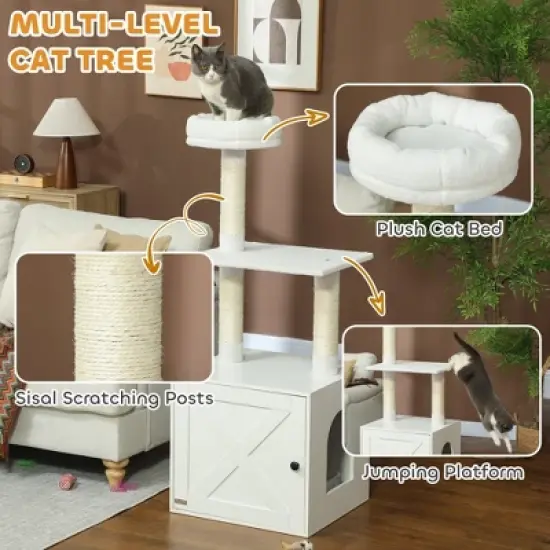 SKYONE White 3-Tier Cat Tree with Litter Box Enclosure, Scratching Posts, Climbing Platform & Top image {5}