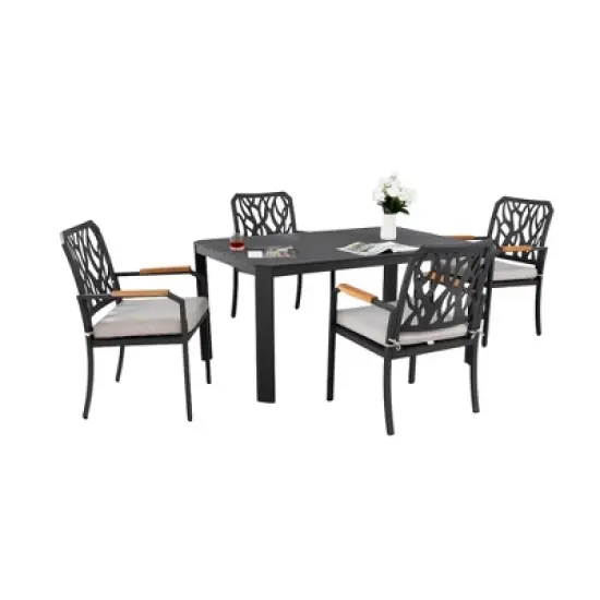 DOMETOUR 5Pcs Outdoor Patio Aluminum Furniture Set, Modern Dining Set with 4 Dining Chairs Branch-Like Backrest, Rectangular Table with Umbrella Hole image {9}