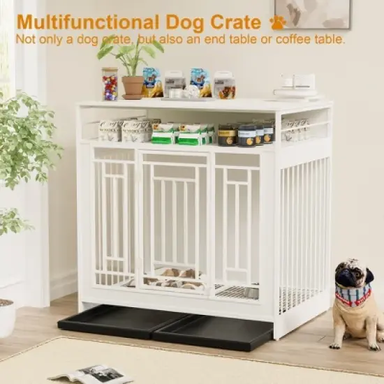 KWPZQEB 43.3" Large Dog Crate Furniture with Divider&Double Doors, Wooden Dog Kennel with Double-layer Storages, Decorative Pet House for Indoor,White image {2}