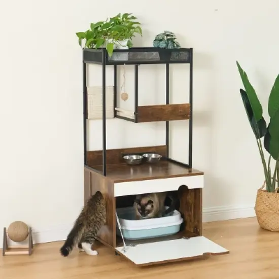Lirago White Vintage Cat Litter Box Enclosure with Tower-48"H Pet Furniture 23.6x18.9 image {2}
