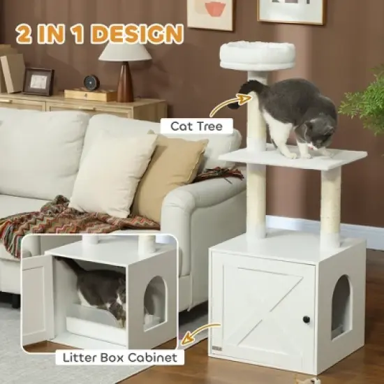 SKYONE White 3-Tier Cat Tree with Litter Box Enclosure, Scratching Posts, Climbing Platform & Top image {3}