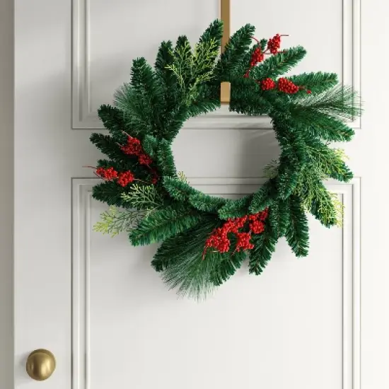 20" Christmas Unlit Mixed Greenery Wreath Red Berries - Wondershop&trade; image {1}
