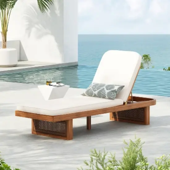 Christopher Knight Home Rourke Modern Outdoor Acacia Wood Rattan Lounge Chair with Cushion image {9}