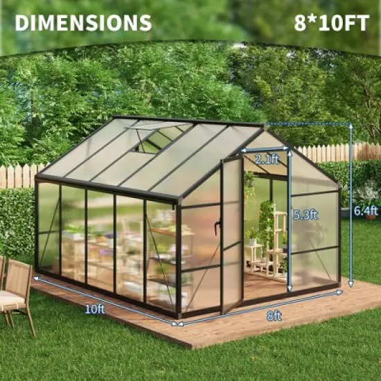 8x10 FT Aluminum Large Walk-in Green House Polycarbonate Greenhouse with Roof Vent Ground Nails Lockable Push Door image {3}
