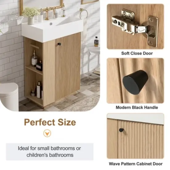 21.6'' Bathroom Vanity with Ceramic Sink, Freestanding Storage Cabinet, Soft-Closing Left/Right Door & Open Shelves, Natural - ModernLuxe image {3}