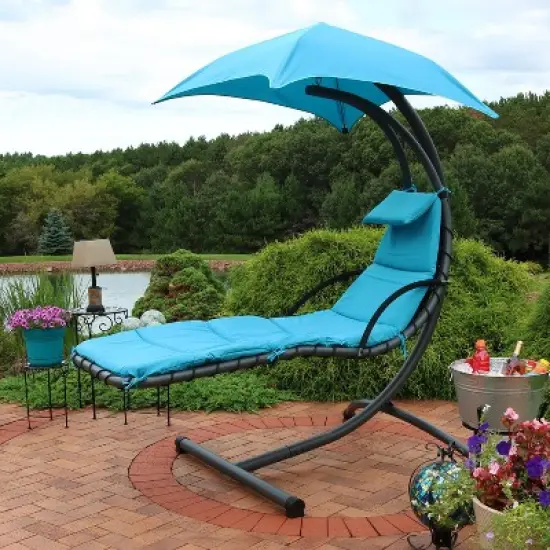 Sunnydaze Outdoor Hanging Chaise Floating Lounge Chair with Canopy Umbrella and Arc Stand image {9}