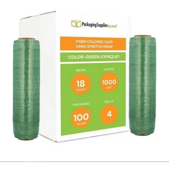 PSBM 4 Rolls Dark Green 18" x 1000 Ft. 100 Gauge Cast Hand Pallet Stretch Wrap image {1}