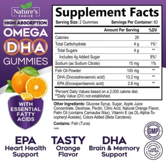 Omega 3 Fish Oil Gummies, Triple Strength Omega 3 Gummy Vitamins, High Absorption EPA, DHA Fatty Acids & Heart Health, 120 Gummies By Nature's Choice image {1}