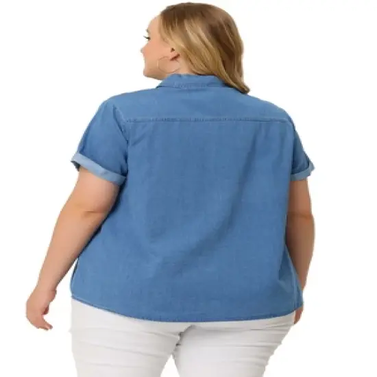 Agnes Orinda Plus Size Button Down Shirt for Women Denim Roll Sleeve Stand Collar Chambray Shirts Top image {3}