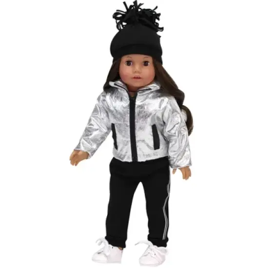 Sophia&rsquo;s Silver Metallic Jacket, Black Side Stripe Joggers, Sneakers, & Hat for 18&rdquo; Dolls, Silver/Black image {2}