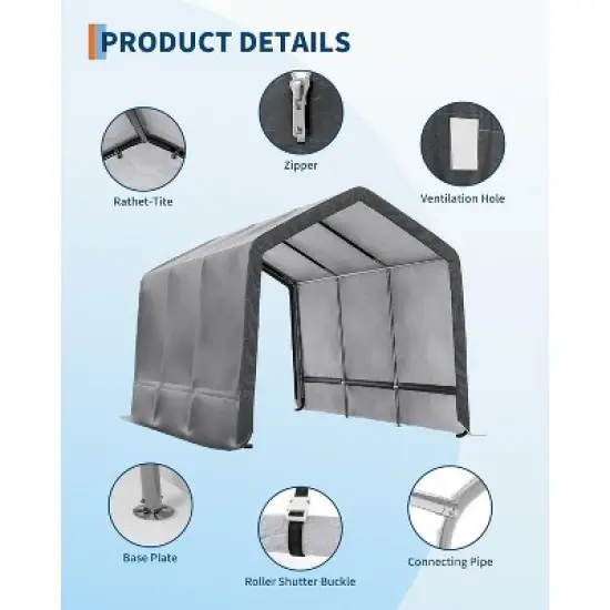 7x15FT Carport with 2 Roll-Up Doors & Vents, 240G Heavy-Duty Waterproof PE Tarp, UV-Resistant Storage Sheds for Motorcycle, Firewood & Tools image {5}