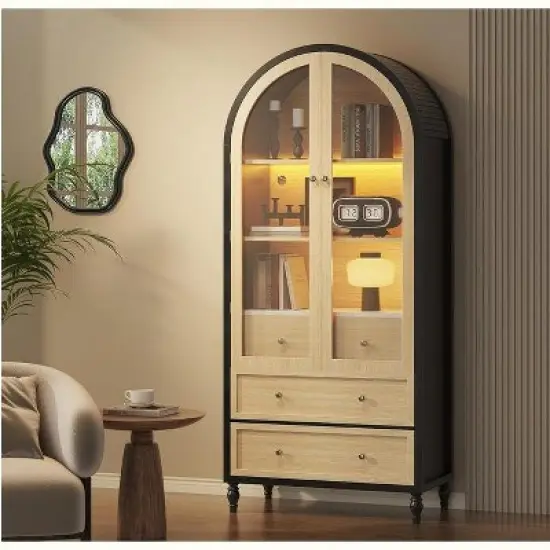 CuisinSmart 70'' Arched Cabinet with Glass Doors, 3 Storage Drawers & Adjustable Shelf, Freestanding Wooden Pantry Cabinet for Living Room, Bedroom image {8}