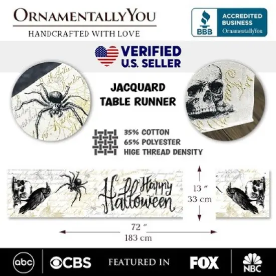 Elegant 72" Gothic Jacquard Table Runner, Halloween Tablecloth with Spider Webs and Black Ravens| OrnamentallyYou image {1}