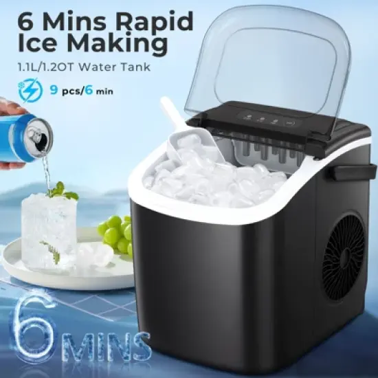 R.W.FLAME Portable Ice Maker,Countertop Model,Self-Cleaning,26.5lbs/24Hrs,6 Mins/9 Pcs Bullet Ice,Includes Ice Scoop and Basket image {4}