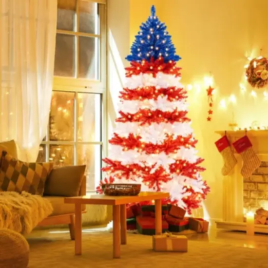 Costway 7.5 FT Patriotic Pre-Lit Artificial Christmas Tree with 1341 Branch Tips 480 Lights image {3}