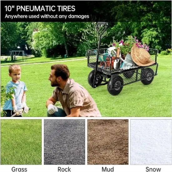 Heavy-Duty Steel Garden Cart &ndash; 500 Lbs Capacity Utility Wagon with Removable Liner, 8" Pneumatic Wheels & Convertible Flatbed Design, Green image {6}