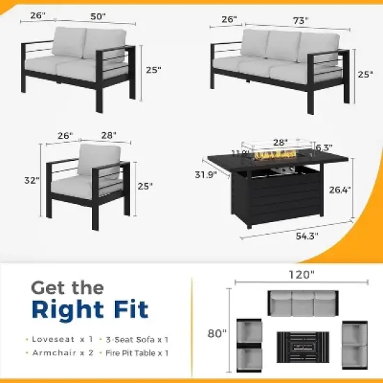 Heynemo Aluminum Patio Furniture Set with Fire Pit Table, 5 Piece Outdoor Furniture with Cushions for Balcony, Front Porch, and Backyard image {4}