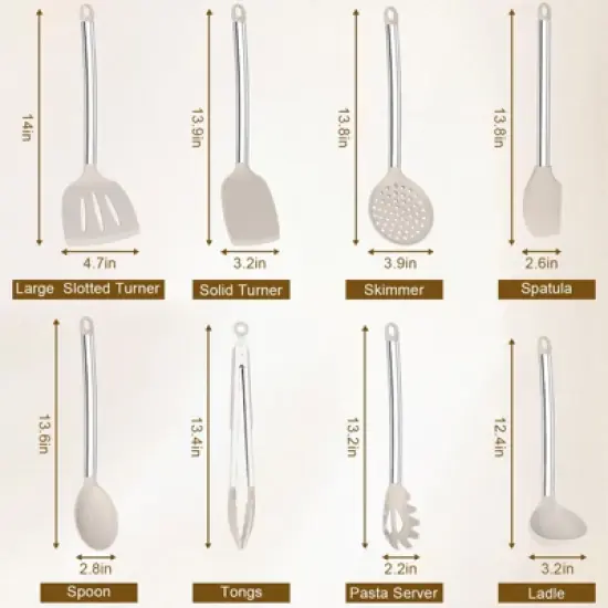 Itopfox 8-Piece Kitchen Utensils Set with Heat-Resistant Silicone Heads & Stainless Steel Handles, Includes Spatula Tongs, Spoon, Ladle, Pasta Server image {1}