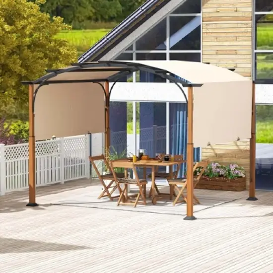 Costway 10 x 12 FT Outdoor Retractable Pergola with Retractable Canopy Wood Looking Posts Beige/Gray image {3}