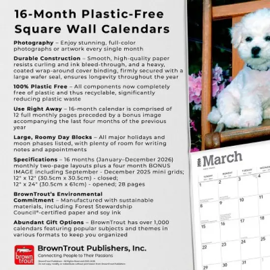 BrownTrout Bichon Frise Puppies 2026 12"x24" Hanging Square Wall Calendar Plastic-Free image {5}