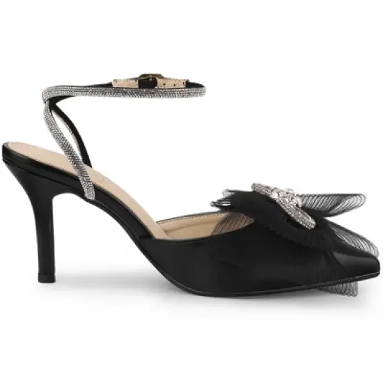 Perphy Rhinestone Mesh Bow Slingback Stiletto Heel Pumps for Women image {5}