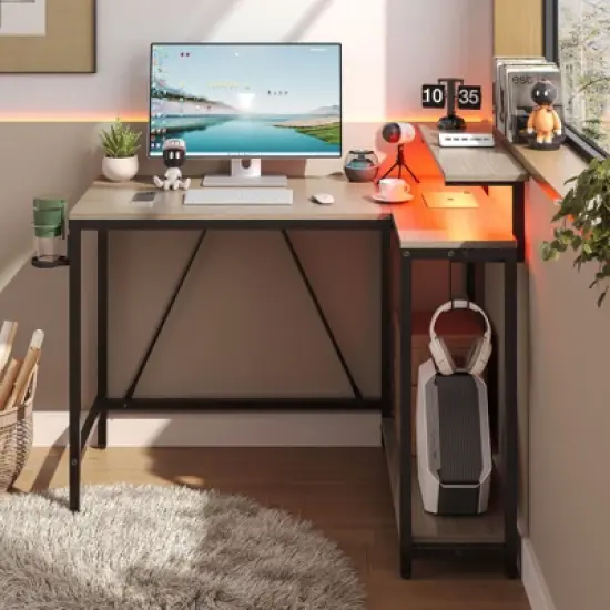 Pinmoco 42 inch Reversible L-Shaped Gaming Desk with LED Light Monitor Stand Headphone Hook & Storage Shelves for Home Office image {9}