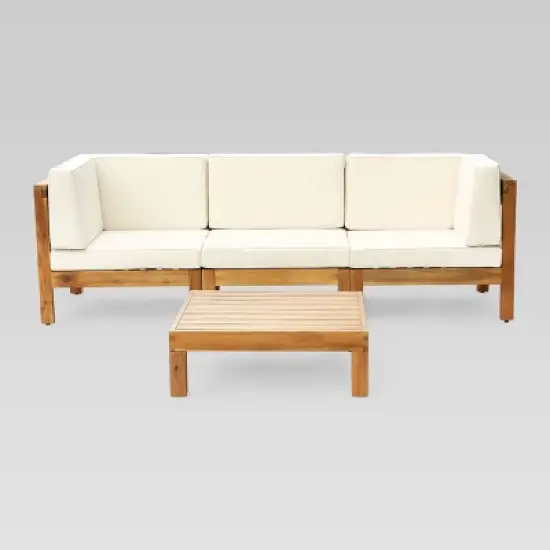 Brava 4pc Acacia Modular Sofa and Table Set - Teak/Beige - Christopher Knight Home image {1}