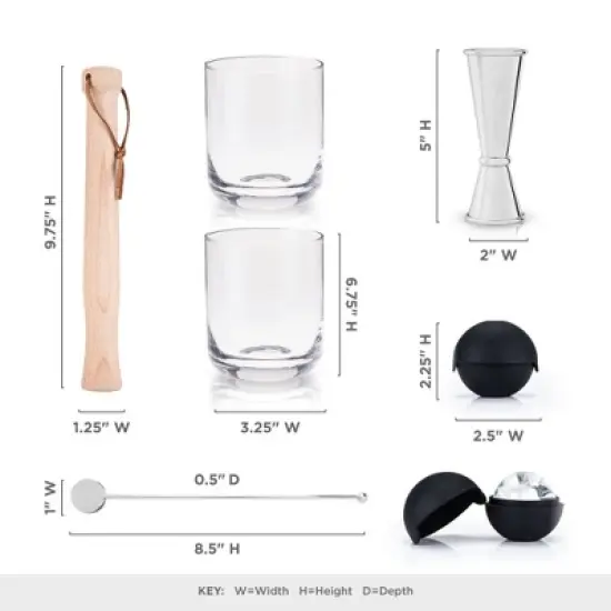 Viski Muddled Cocktail Barware Tool Set, 2 lead-free Crystal Tumblers, 2 Ice Molds, Double Jigger, Wooden Muddler, Stir Stick 7-Piece set, Multicolor image {2}