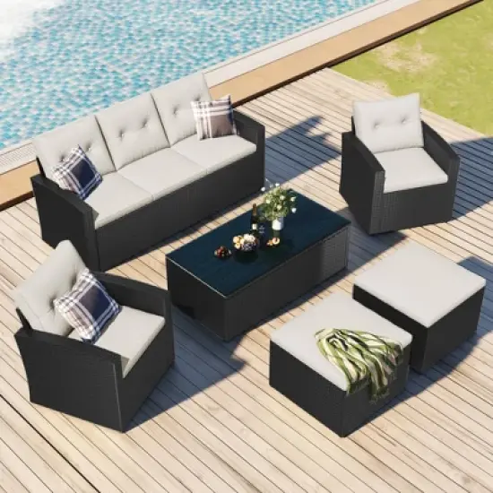 6pc Wicker Patio Conversation Set with Sofa, Arm Chairs, Ottomans & Coffee Table  - Black/Beige - GODEER image {3}