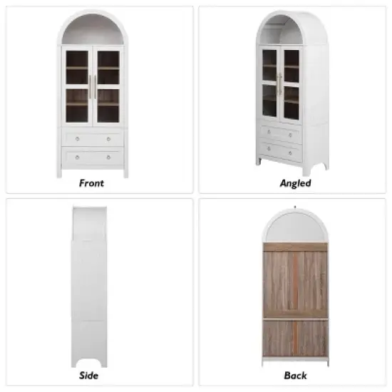 Gulches Modern Farmhouse Arched Kitchen Pantry Cabinet - 2 Large Drawers, Adjustable Shelves, Glass Door, Wood, White, 30"W x15.75"D x71"H image {7}