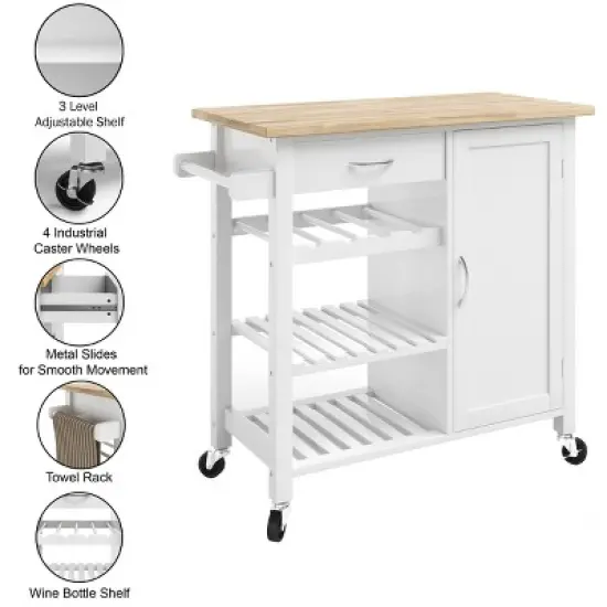 Kitchen Island with Towel Rack and Shelves for Storage &ndash; Rolling Cart to Use as Coffee Bar, Microwave Stand, or Kitchen Storage by Lavish Home (White) image {4}