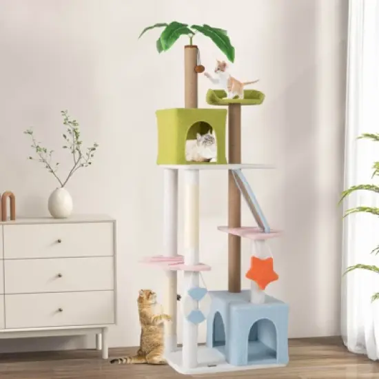 Costway 71&rdquo; Tall Cat Tree Multi-Level Aesthetic Beach-Themed Cat Tower w/ Jute Scratching Posts image {4}
