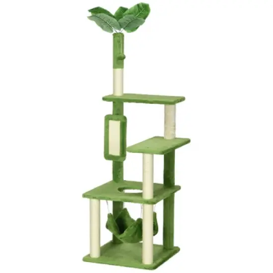 SKYONE Indoor Cat Tree with Sisal Scratching Posts, Hammock, Multi-Level Perches & Condo - Green image {8}