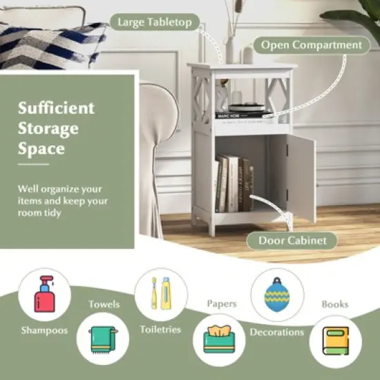 Tangkula Bathroom Floor Cabinet Single Door Storage Cabinet with Open Compartment Anti-Toppling Device Grey/White image {5}