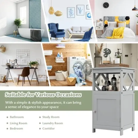 Costway Bathroom Floor Cabinet Side Storage Organizer with Open Shelf & Single Door Grey/White image {8}