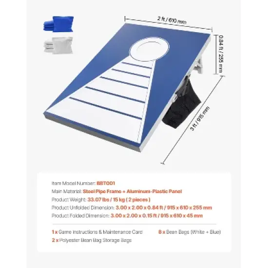 VEVOR Cornhole Set, 3x2 ft Corn Hole Game Boards, Aluminum Weatherproof Portable Toss Board, Indoor and Outdoor Foldable Cornhole Play, Blue image {7}