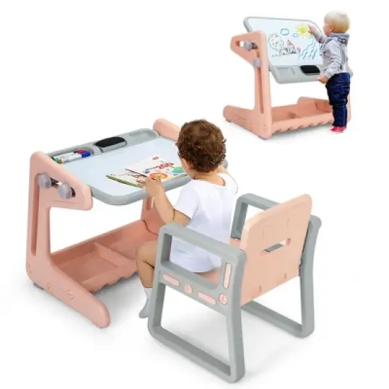 Costway 2 in 1 Kids Easel Table & Chair Set Adjustable Art Painting Board Gray/Blue/Light Pink image {12}