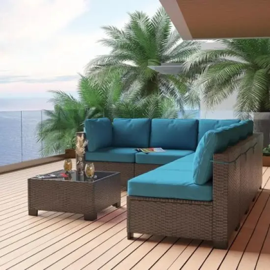 7-Piece Outdoor Patio Furniture Set with Glass Top Coffee Table, PE Rattan Wicker Sectional Modular Conversation Sofa Set w/ Cushions for Patio image {8}