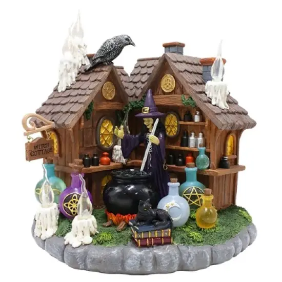 Enchanted Witch Cottage Lighted Figurine, 10" LED Halloween Decor Statue with Cauldrons and Ravens| OrnamentallyYou image {8}