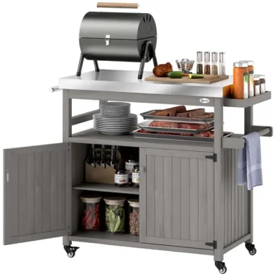 Outsunny Outdoor Grill Cart w/ Wheels and Storage Cabinets, Solid Wood Outdoor Kitchen Island w/ Stainless Steel Top, Integrated Hole image {6}