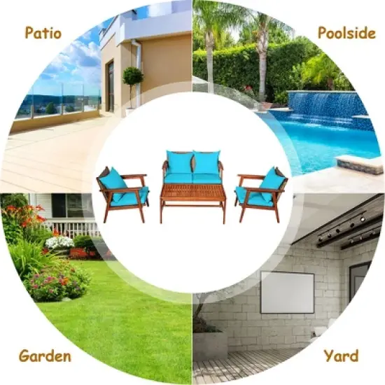 Costway 4PCS Patio Rattan Furniture Set Acacia Wood Frame Cushioned Sofa Chair Turquoise image {8}