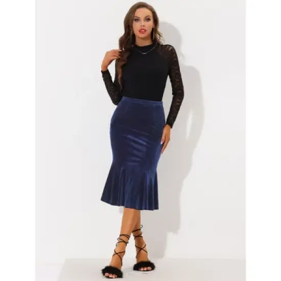 Allegra K Women's Feminine Retro Bodycon High Waist Velvet Fishtail Skirt image {1}