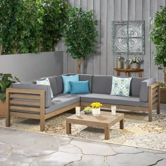 Oana 4pc Acacia Wood Patio Sectional Chat Set w/ Cushions - Christopher Knight Home image {7}