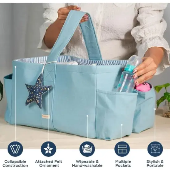 Folkulture Baby Diaper Caddy, Cotton Diaper Bag for Kids, Stylish Comfort Spacious Travel Essential Cart, Car Organizer for Diapers (Sky Blue - 15") image {2}