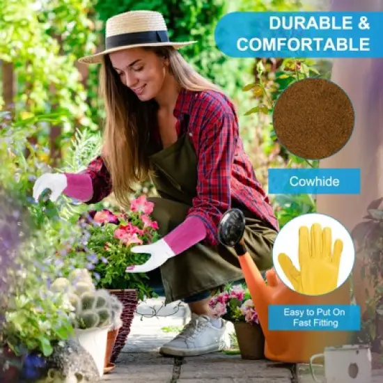 Unique Bargains Cowhide Leather Thorn Proof Shock Absorbing Non-Slip Garden Gloves 1 Pair image {2}