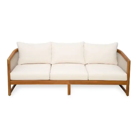 Christopher Knight Home Elrane Mid-Century Modern Patio 3-Seater Acacia Wood Sofa with Thick Cushions image {4}