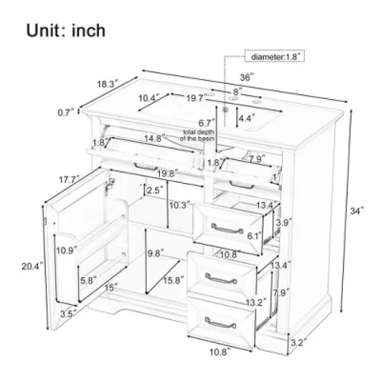 Christopher Knight Home Timeus 36" Modern Bathroom Vanity with Ceramic Sink, Drawers image {2}
